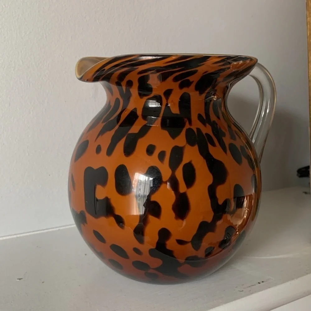 1998 Bombay Company Hand Blown Glass Tiger Pitcher Orange & Black 6.5